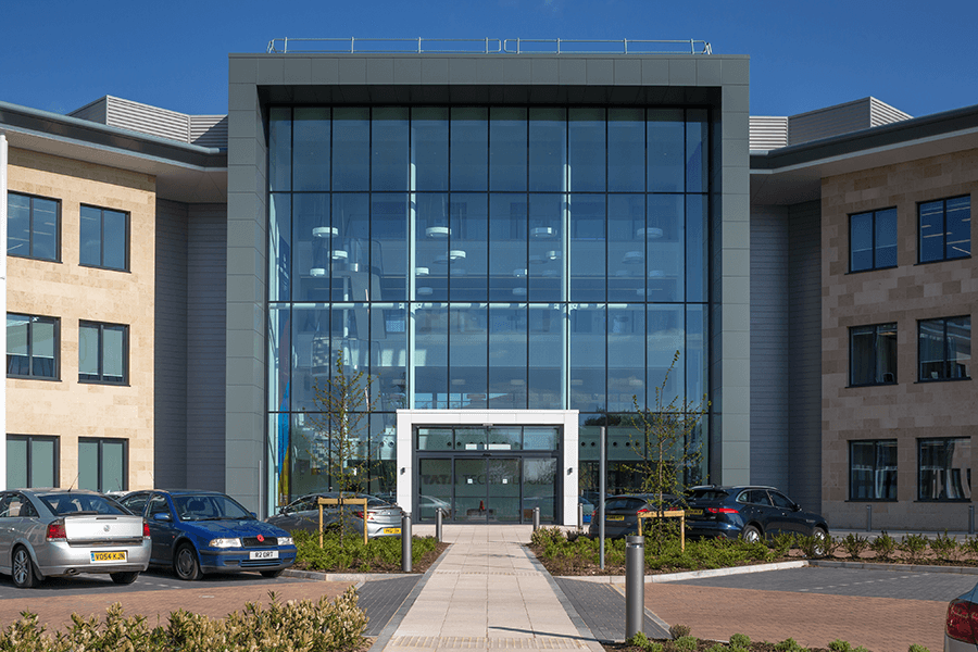 Tata Technologies- European offices glazed facade entrance.